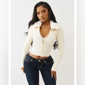 NWT True Religion white faux fur sweater zip up